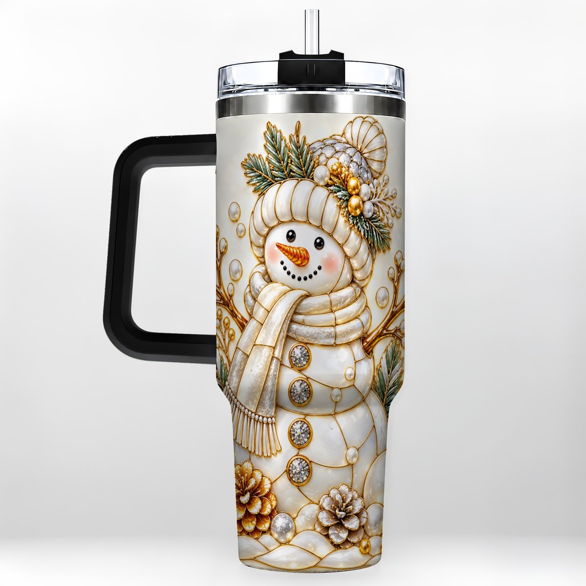 #pl[40oz|Black] Pearl Snowman 40oz Tumbler with Handle, Elegant Christmas Winter Art