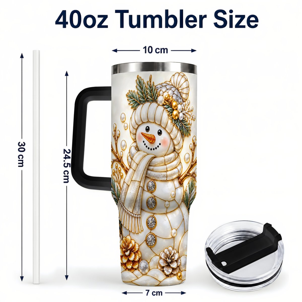 #pl[40oz|Black] Pearl Snowman 40oz Tumbler with Handle, Elegant Christmas Winter Art