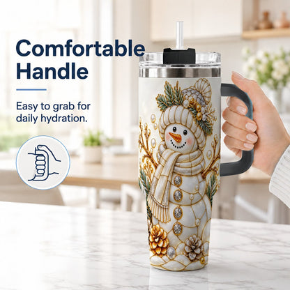 #pl[40oz|Black] Pearl Snowman 40oz Tumbler with Handle, Elegant Christmas Winter Art
