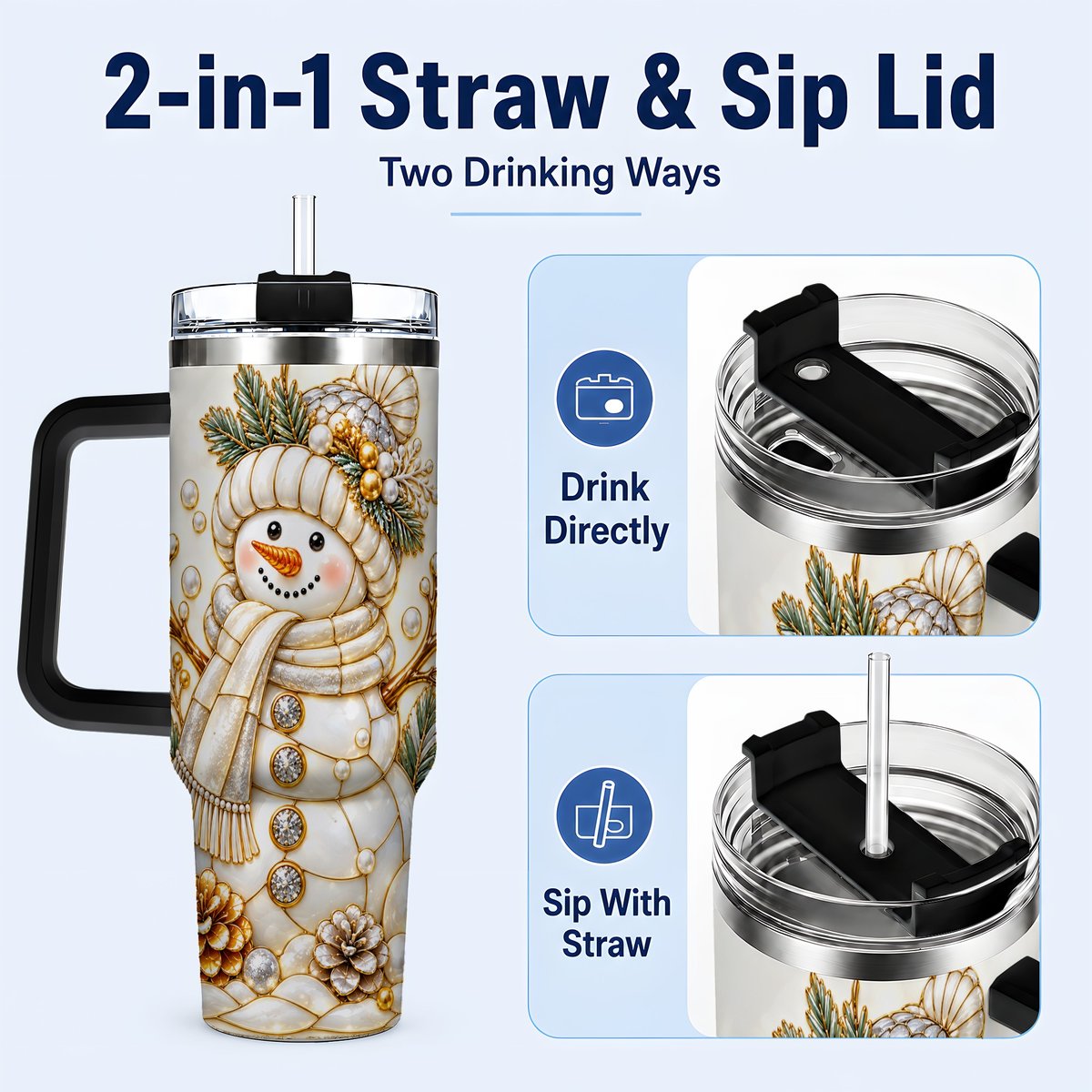 #pl[40oz|Black] Pearl Snowman 40oz Tumbler with Handle, Elegant Christmas Winter Art