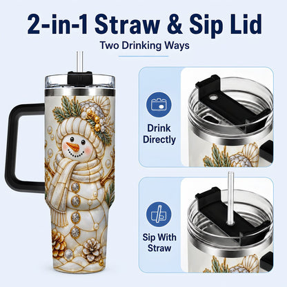 #pl[40oz|Black] Pearl Snowman 40oz Tumbler with Handle, Elegant Christmas Winter Art