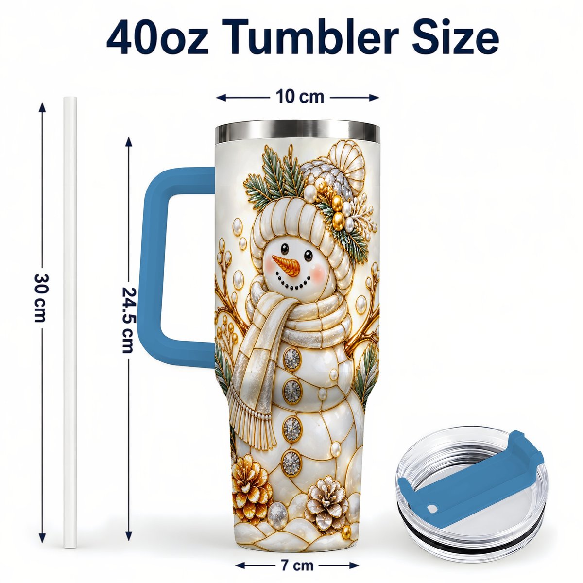 #pl[40oz|Blue] Pearl Snowman 40oz Tumbler with Handle, Elegant Christmas Winter Art
