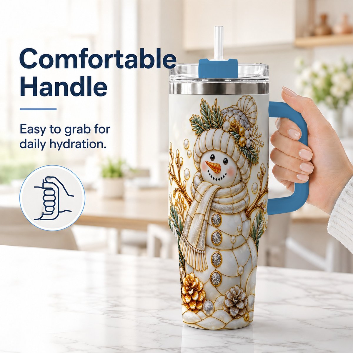 #pl[40oz|Blue] Pearl Snowman 40oz Tumbler with Handle, Elegant Christmas Winter Art