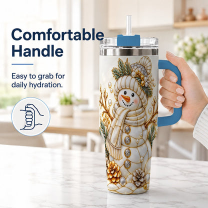 #pl[40oz|Blue] Pearl Snowman 40oz Tumbler with Handle, Elegant Christmas Winter Art