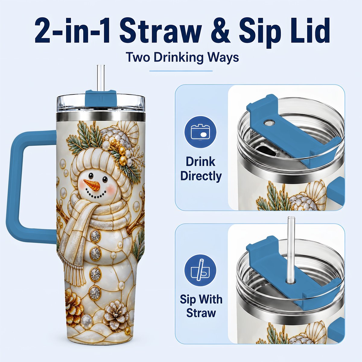 #pl[40oz|Blue] Pearl Snowman 40oz Tumbler with Handle, Elegant Christmas Winter Art