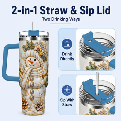 #pl[40oz|Blue] Pearl Snowman 40oz Tumbler with Handle, Elegant Christmas Winter Art