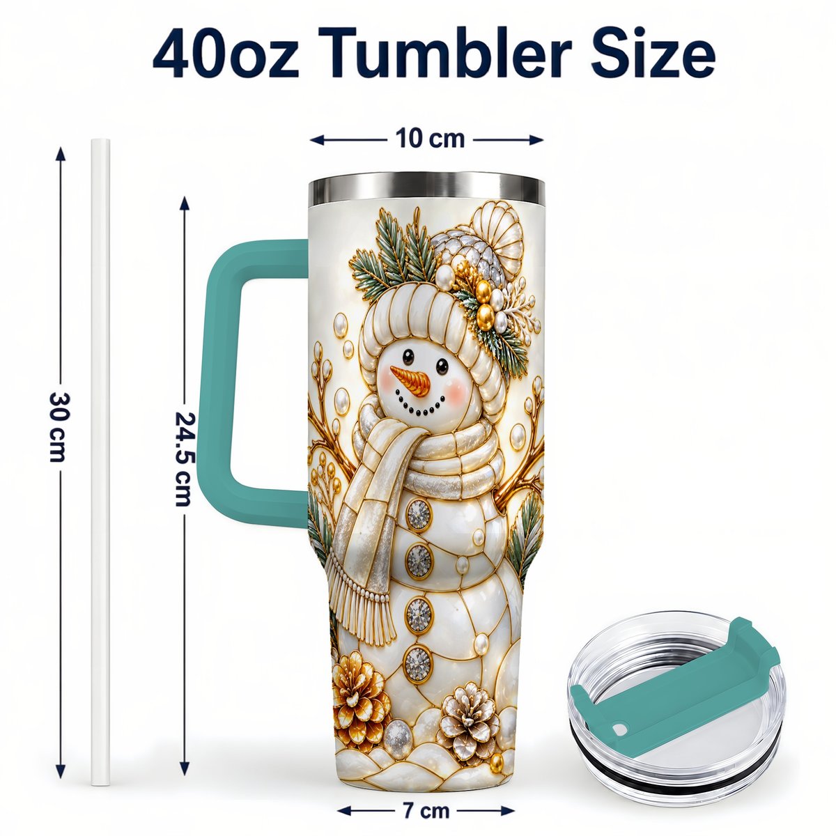 #pl[40oz|Green] Pearl Snowman 40oz Tumbler with Handle, Elegant Christmas Winter Art