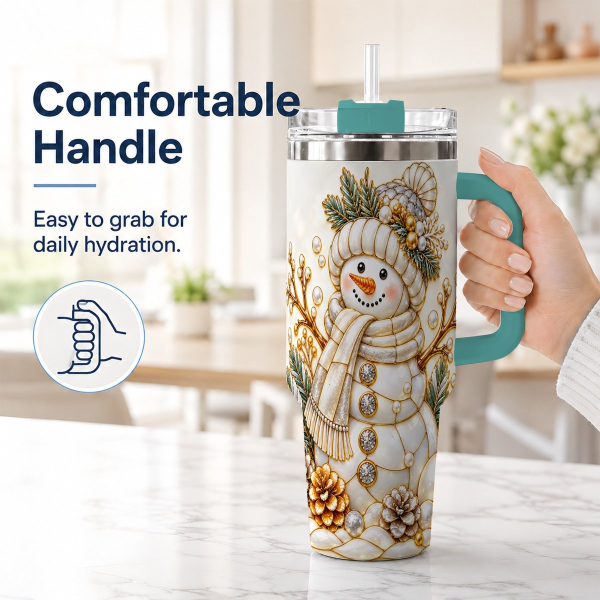 #pl[40oz|Green] Pearl Snowman 40oz Tumbler with Handle, Elegant Christmas Winter Art