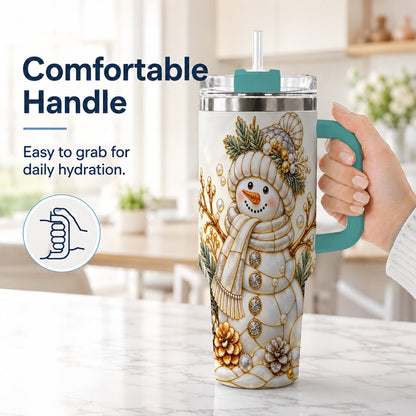 #pl[40oz|Green] Pearl Snowman 40oz Tumbler with Handle, Elegant Christmas Winter Art