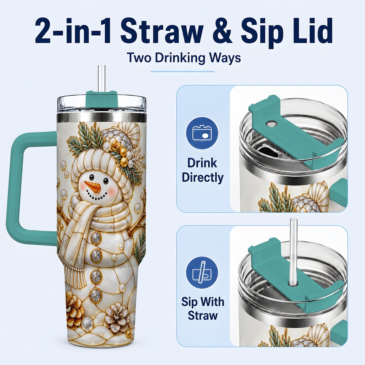 #pl[40oz|Green] Pearl Snowman 40oz Tumbler with Handle, Elegant Christmas Winter Art