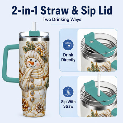 #pl[40oz|Green] Pearl Snowman 40oz Tumbler with Handle, Elegant Christmas Winter Art