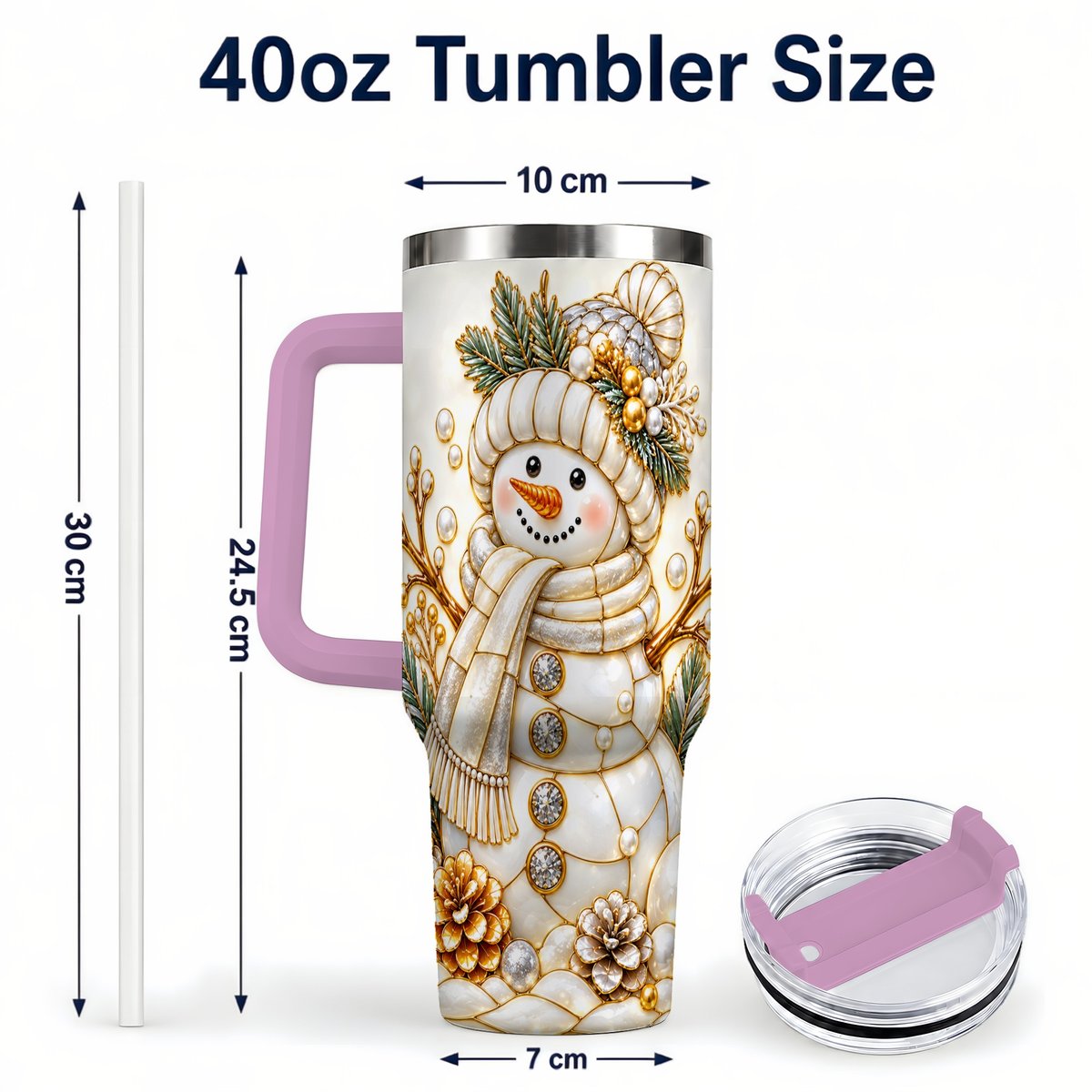 #pl[40oz|Pink] Pearl Snowman 40oz Tumbler with Handle, Elegant Christmas Winter Art