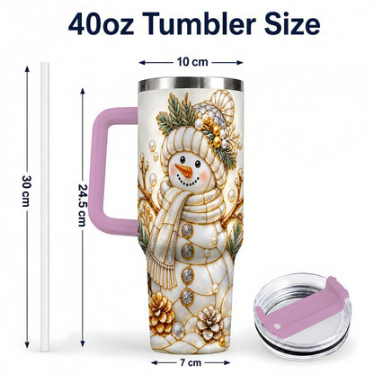 #pl[40oz|Pink] Pearl Snowman 40oz Tumbler with Handle, Elegant Christmas Winter Art