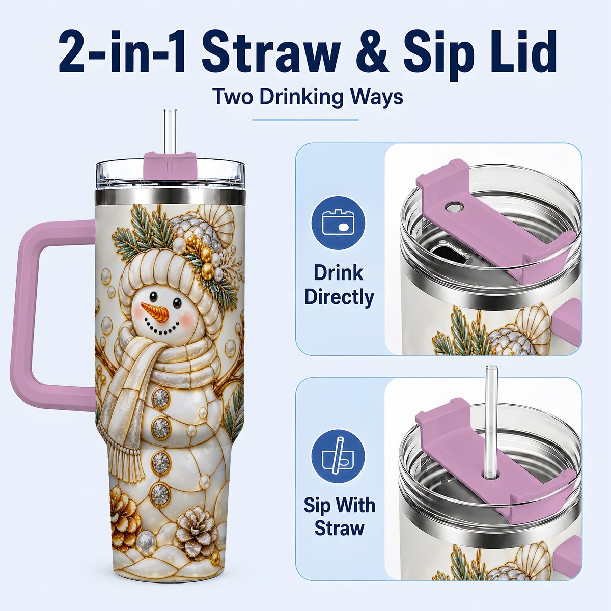 #pl[40oz|Pink] Pearl Snowman 40oz Tumbler with Handle, Elegant Christmas Winter Art