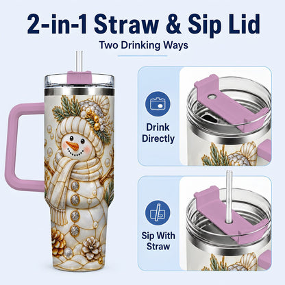 #pl[40oz|Pink] Pearl Snowman 40oz Tumbler with Handle, Elegant Christmas Winter Art
