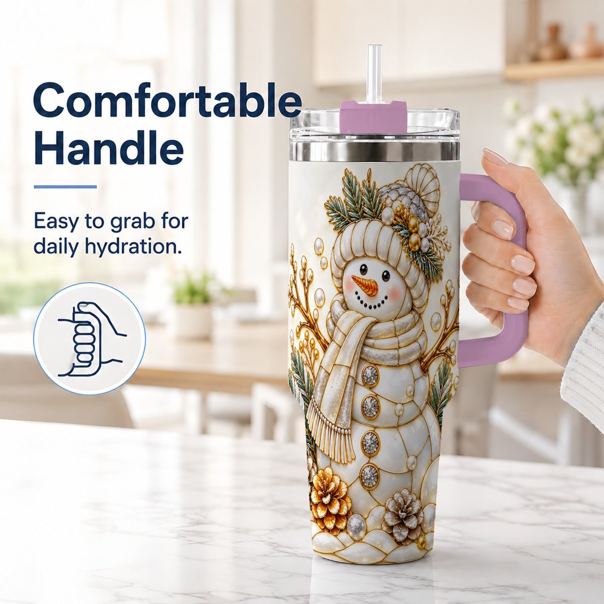 #pl[40oz|Pink] Pearl Snowman 40oz Tumbler with Handle, Elegant Christmas Winter Art