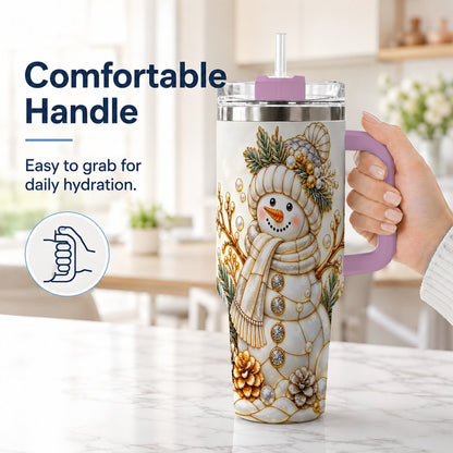 #pl[40oz|Pink] Pearl Snowman 40oz Tumbler with Handle, Elegant Christmas Winter Art
