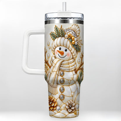 Pearl Snowman 40oz Tumbler with Handle, Elegant Christmas Winter Art