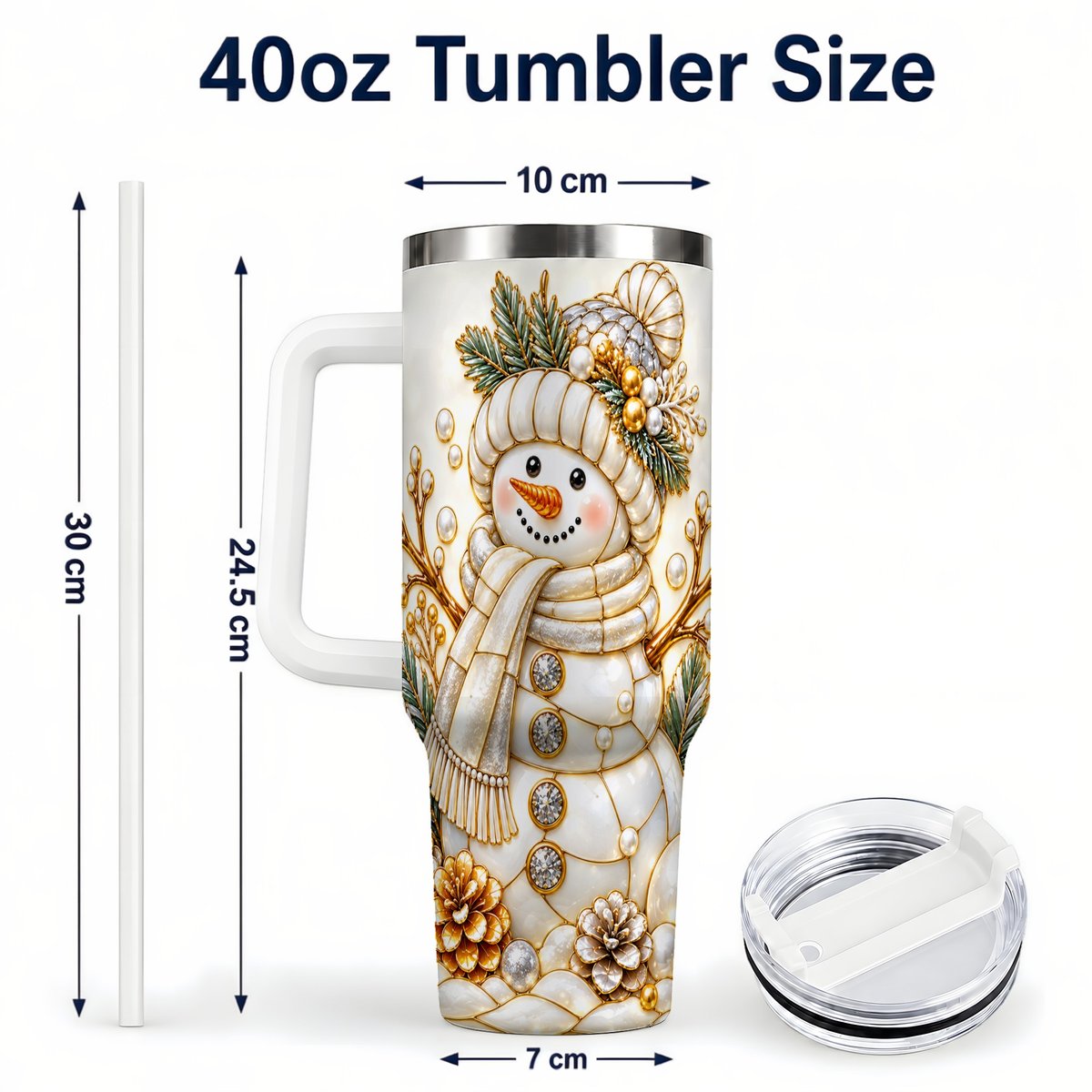 #pl[40oz|White] Pearl Snowman 40oz Tumbler with Handle, Elegant Christmas Winter Art