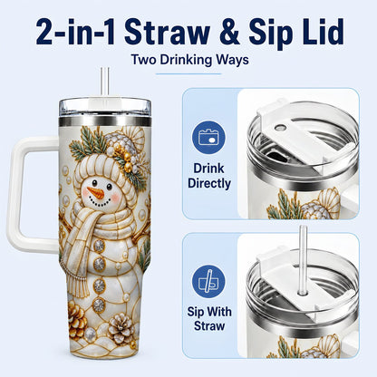 #pl[40oz|White] Pearl Snowman 40oz Tumbler with Handle, Elegant Christmas Winter Art