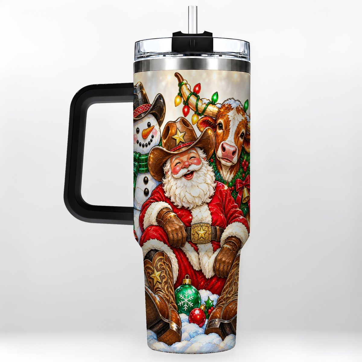 #pl[40oz|Black] Cowboy Santa 40oz Tumbler with Handle, Western Christmas Ranch Artwork