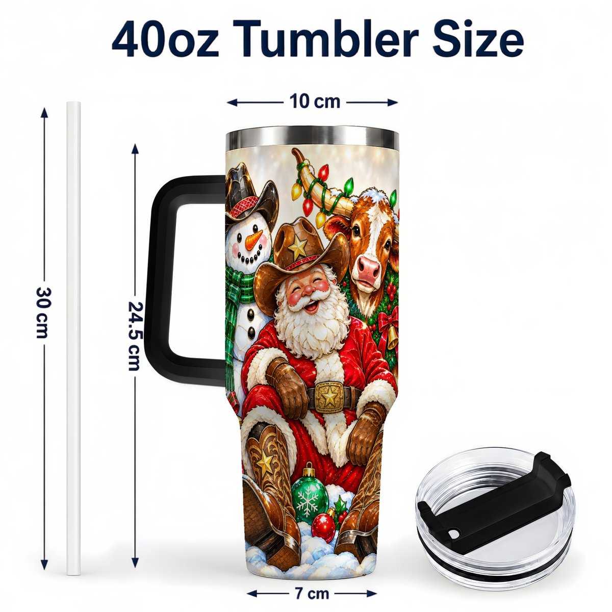 #pl[40oz|Black] Cowboy Santa 40oz Tumbler with Handle, Western Christmas Ranch Artwork