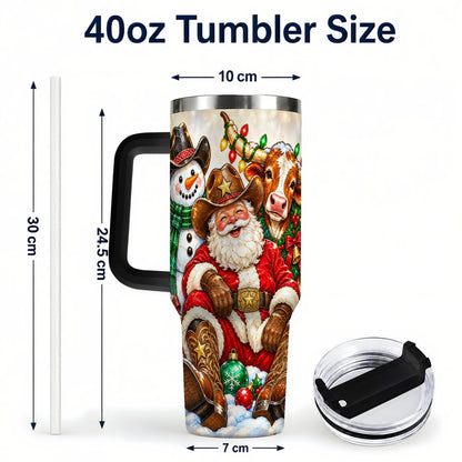 #pl[40oz|Black] Cowboy Santa 40oz Tumbler with Handle, Western Christmas Ranch Artwork