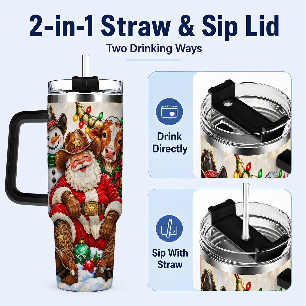 #pl[40oz|Black] Cowboy Santa 40oz Tumbler with Handle, Western Christmas Ranch Artwork