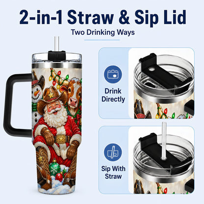 #pl[40oz|Black] Cowboy Santa 40oz Tumbler with Handle, Western Christmas Ranch Artwork