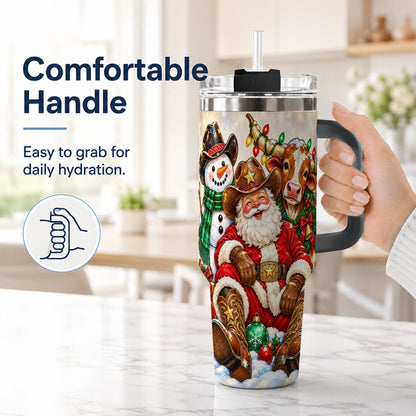 #pl[40oz|Black] Cowboy Santa 40oz Tumbler with Handle, Western Christmas Ranch Artwork