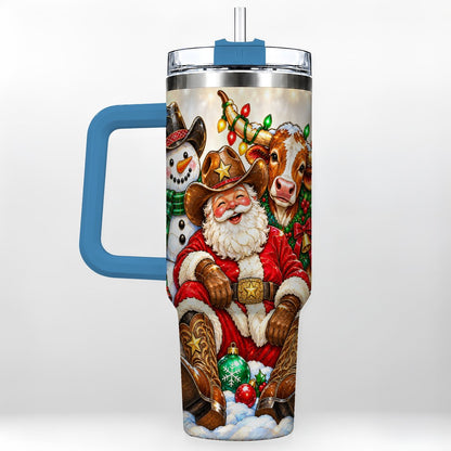 #pl[40oz|Blue] Cowboy Santa 40oz Tumbler with Handle, Western Christmas Ranch Artwork