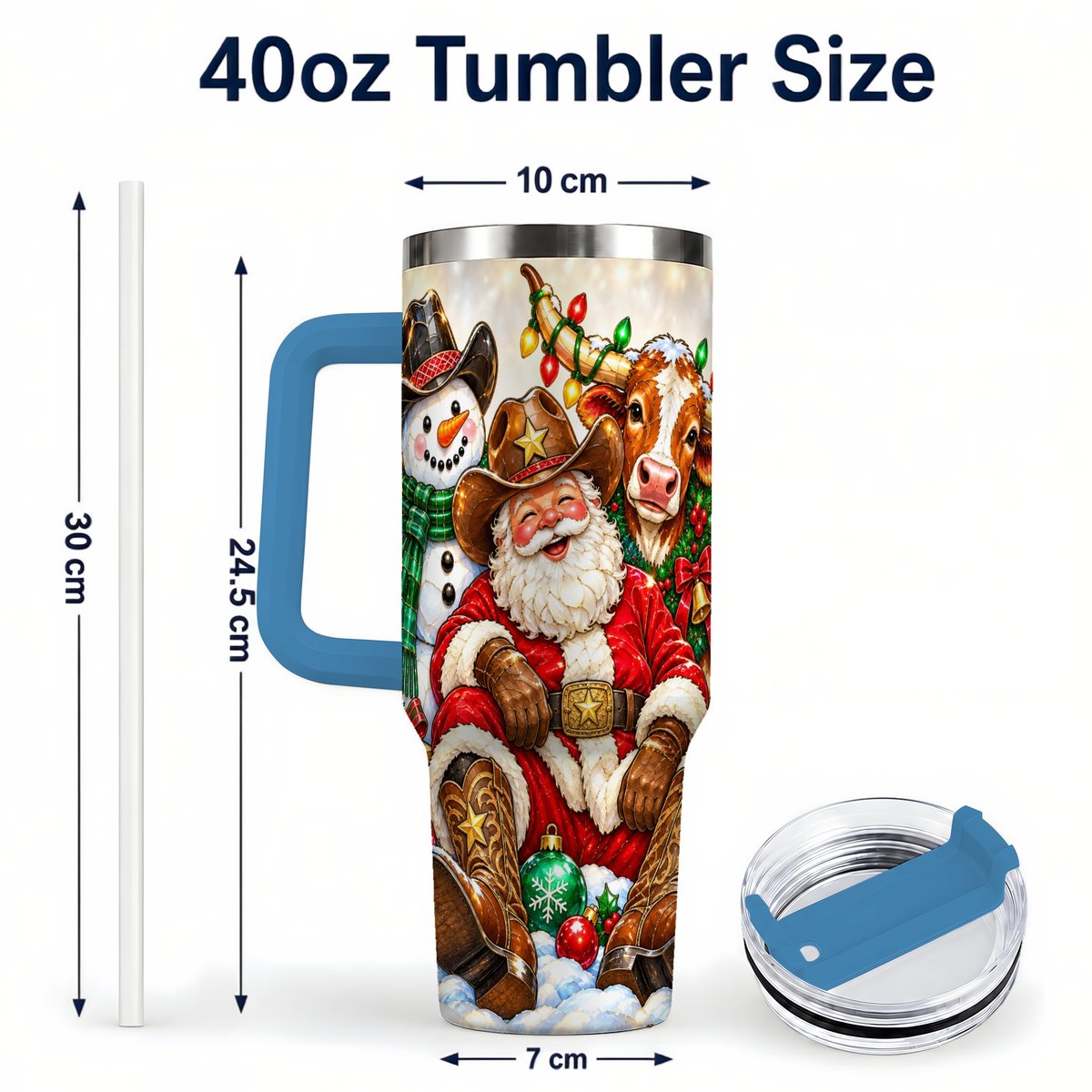 #pl[40oz|Blue] Cowboy Santa 40oz Tumbler with Handle, Western Christmas Ranch Artwork