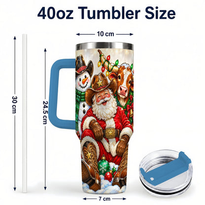#pl[40oz|Blue] Cowboy Santa 40oz Tumbler with Handle, Western Christmas Ranch Artwork