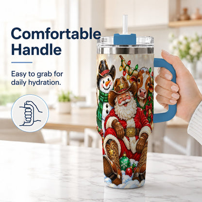 #pl[40oz|Blue] Cowboy Santa 40oz Tumbler with Handle, Western Christmas Ranch Artwork