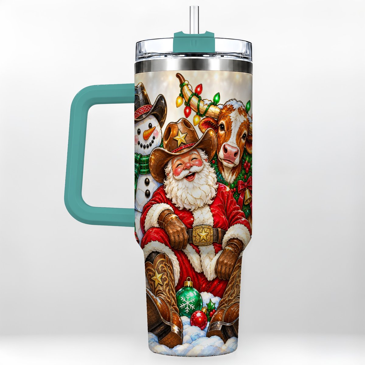 #pl[40oz|Green] Cowboy Santa 40oz Tumbler with Handle, Western Christmas Ranch Artwork