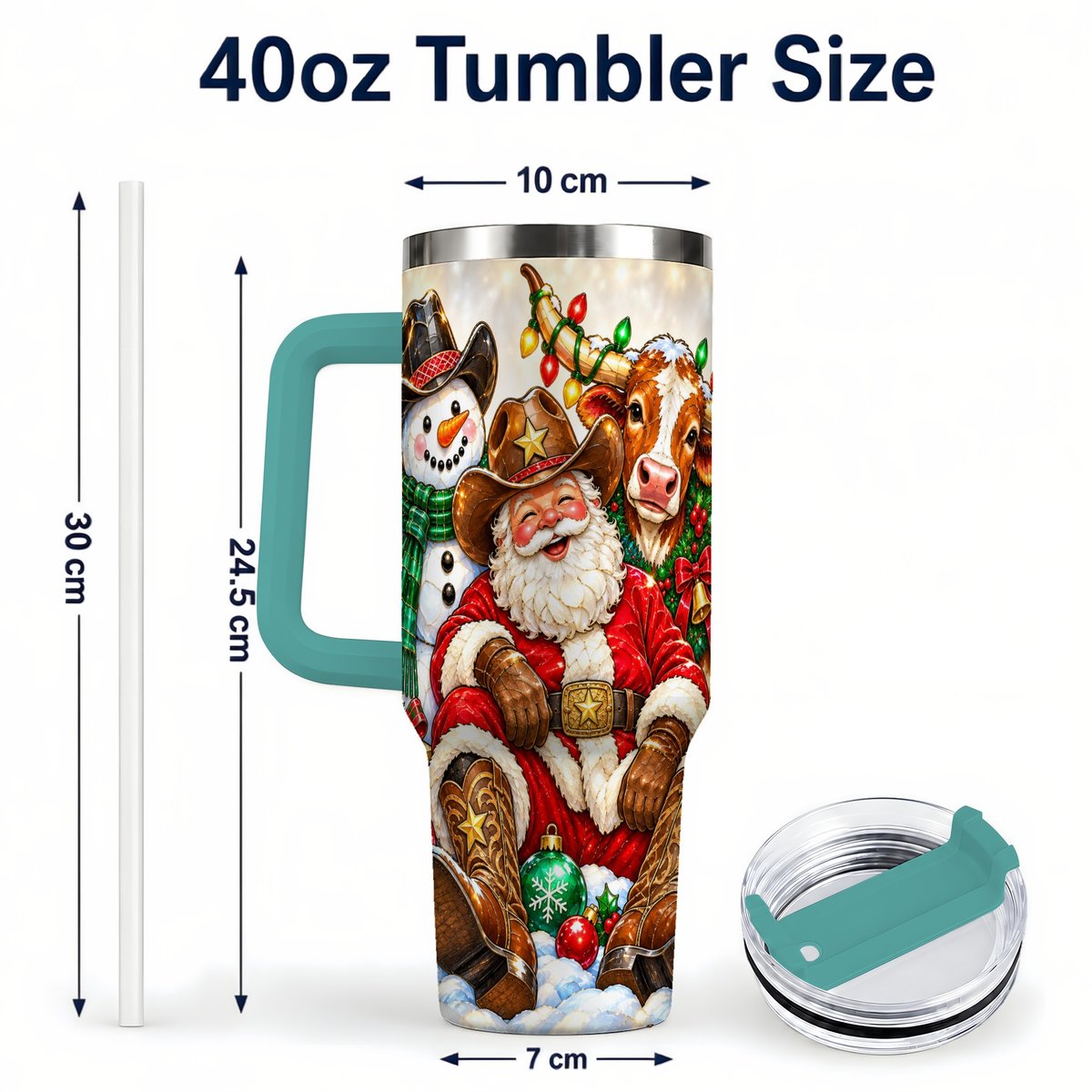 #pl[40oz|Green] Cowboy Santa 40oz Tumbler with Handle, Western Christmas Ranch Artwork