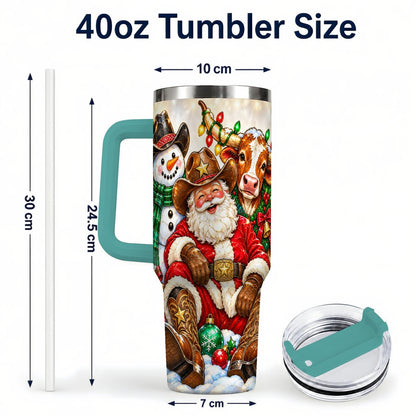 #pl[40oz|Green] Cowboy Santa 40oz Tumbler with Handle, Western Christmas Ranch Artwork