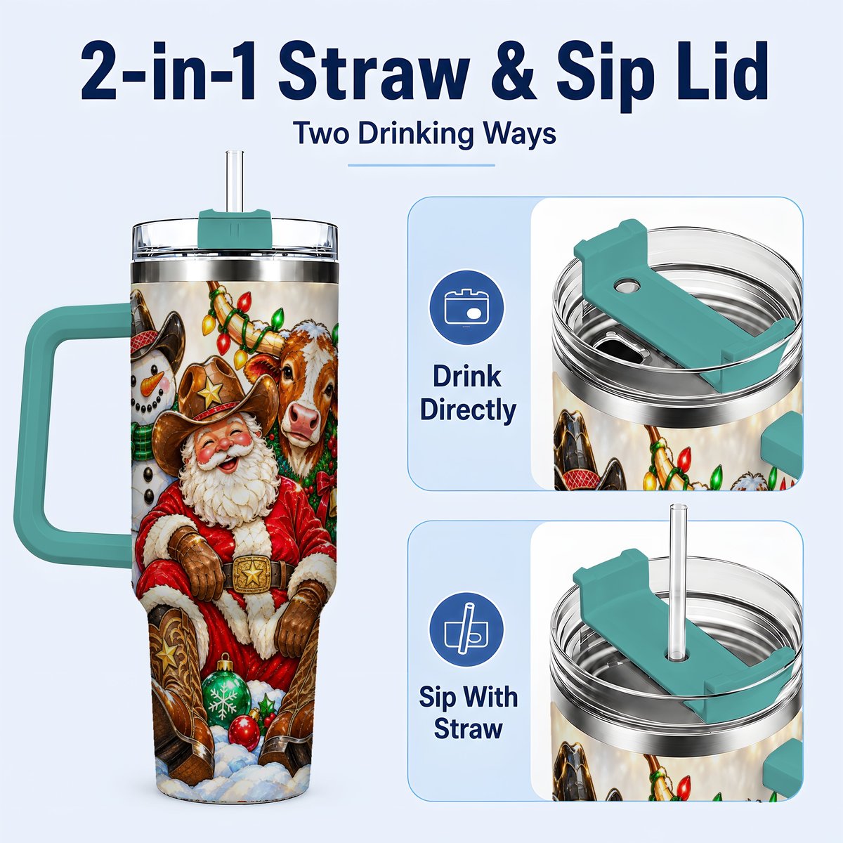 #pl[40oz|Green] Cowboy Santa 40oz Tumbler with Handle, Western Christmas Ranch Artwork