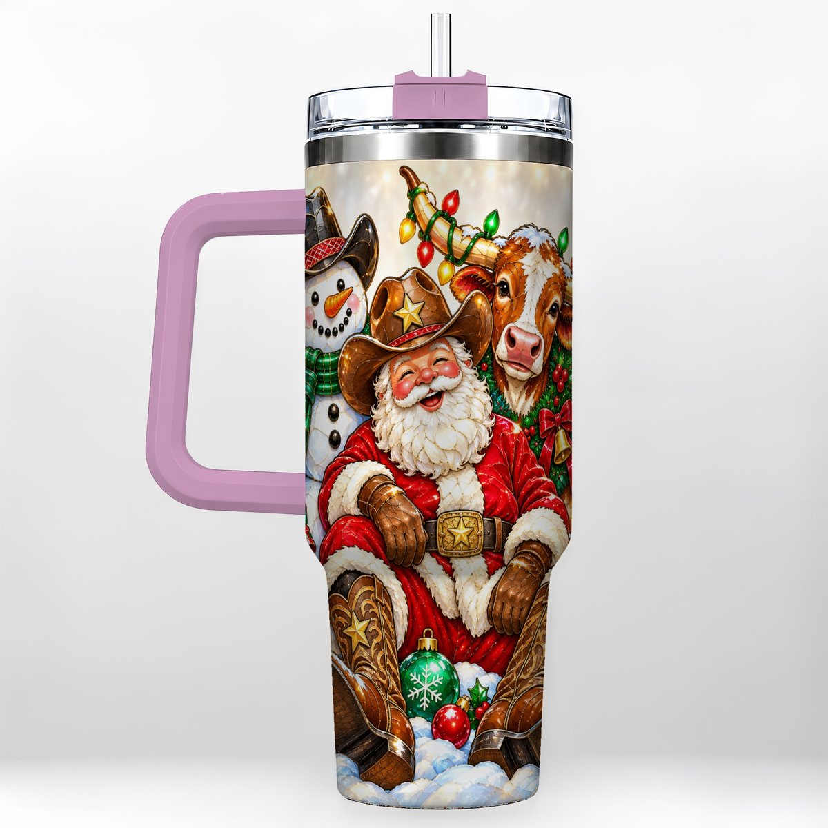 #pl[40oz|Pink] Cowboy Santa 40oz Tumbler with Handle, Western Christmas Ranch Artwork