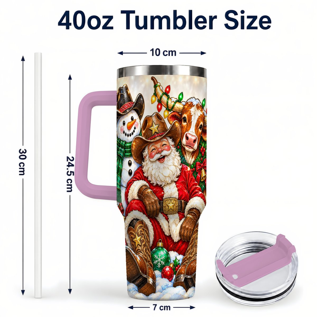 #pl[40oz|Pink] Cowboy Santa 40oz Tumbler with Handle, Western Christmas Ranch Artwork
