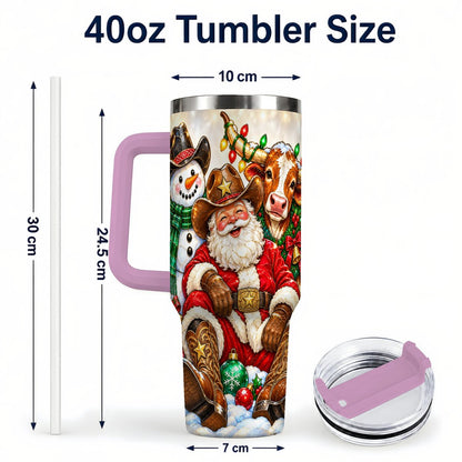 #pl[40oz|Pink] Cowboy Santa 40oz Tumbler with Handle, Western Christmas Ranch Artwork