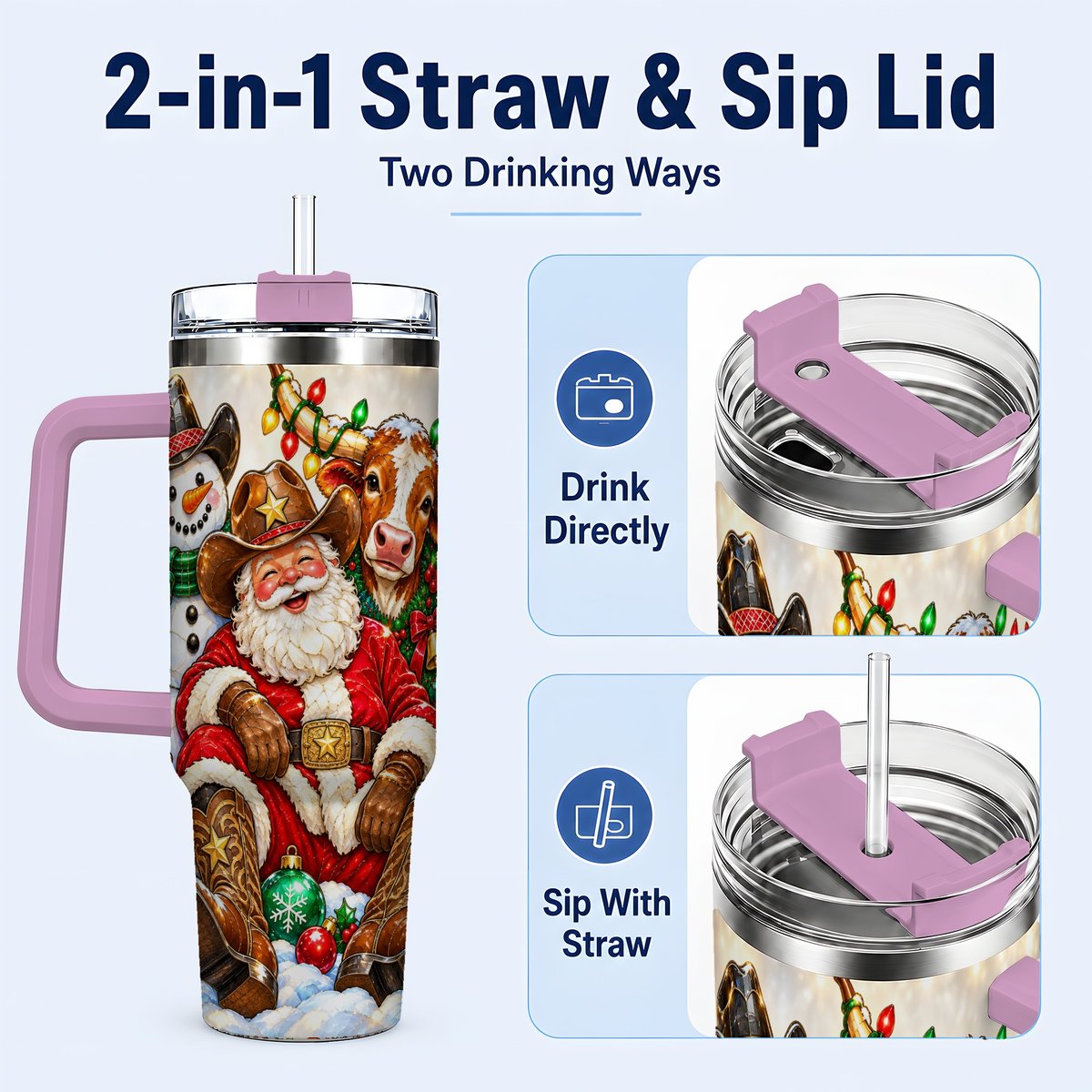 #pl[40oz|Pink] Cowboy Santa 40oz Tumbler with Handle, Western Christmas Ranch Artwork