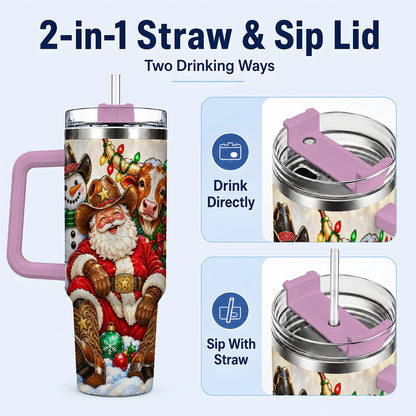 #pl[40oz|Pink] Cowboy Santa 40oz Tumbler with Handle, Western Christmas Ranch Artwork