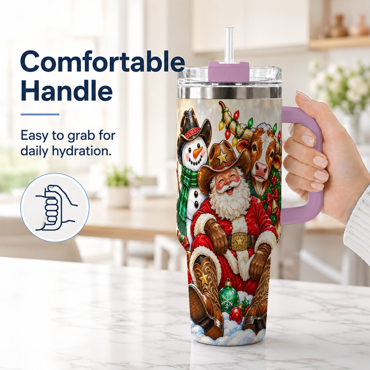 #pl[40oz|Pink] Cowboy Santa 40oz Tumbler with Handle, Western Christmas Ranch Artwork