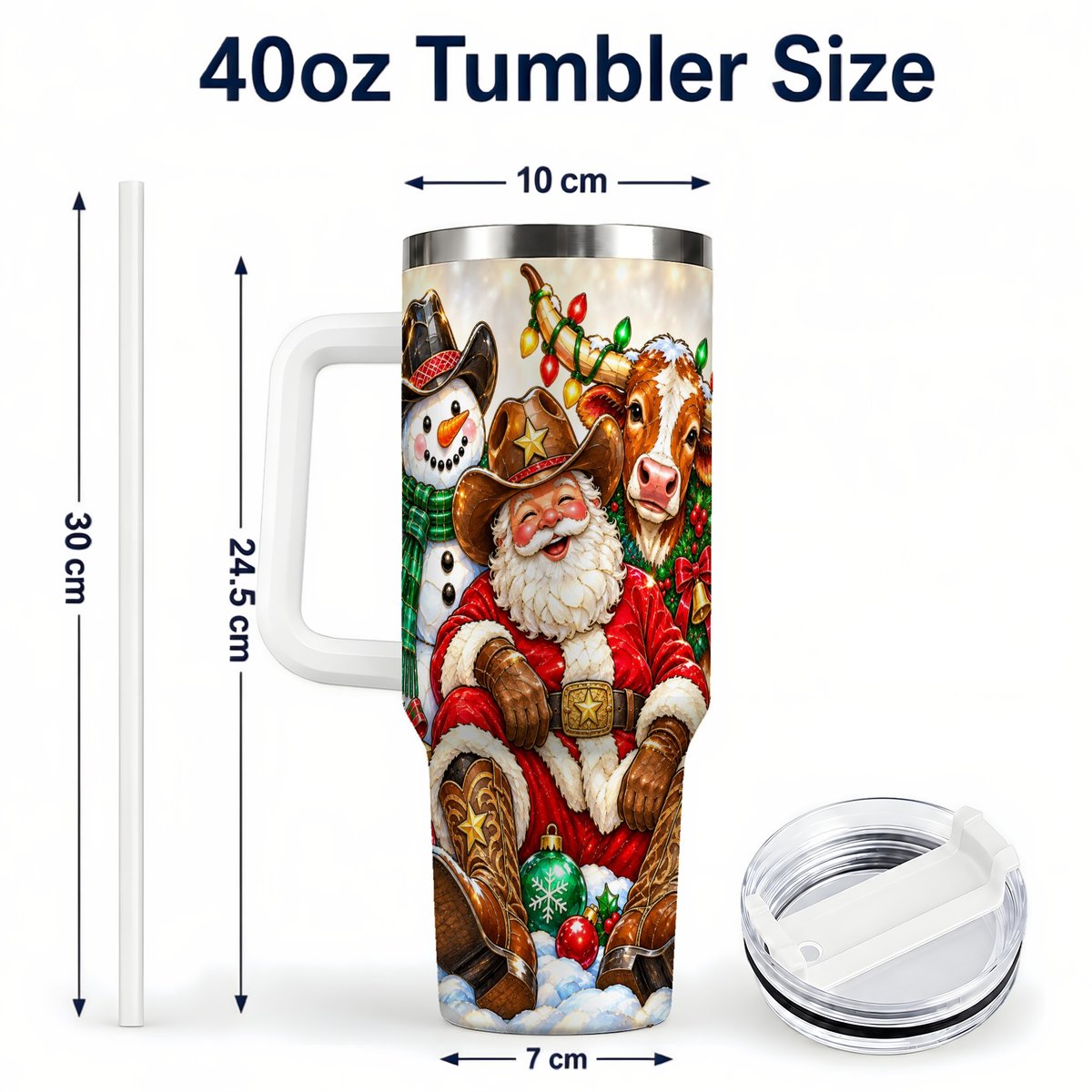 #pl[40oz|White] Cowboy Santa 40oz Tumbler with Handle, Western Christmas Ranch Artwork