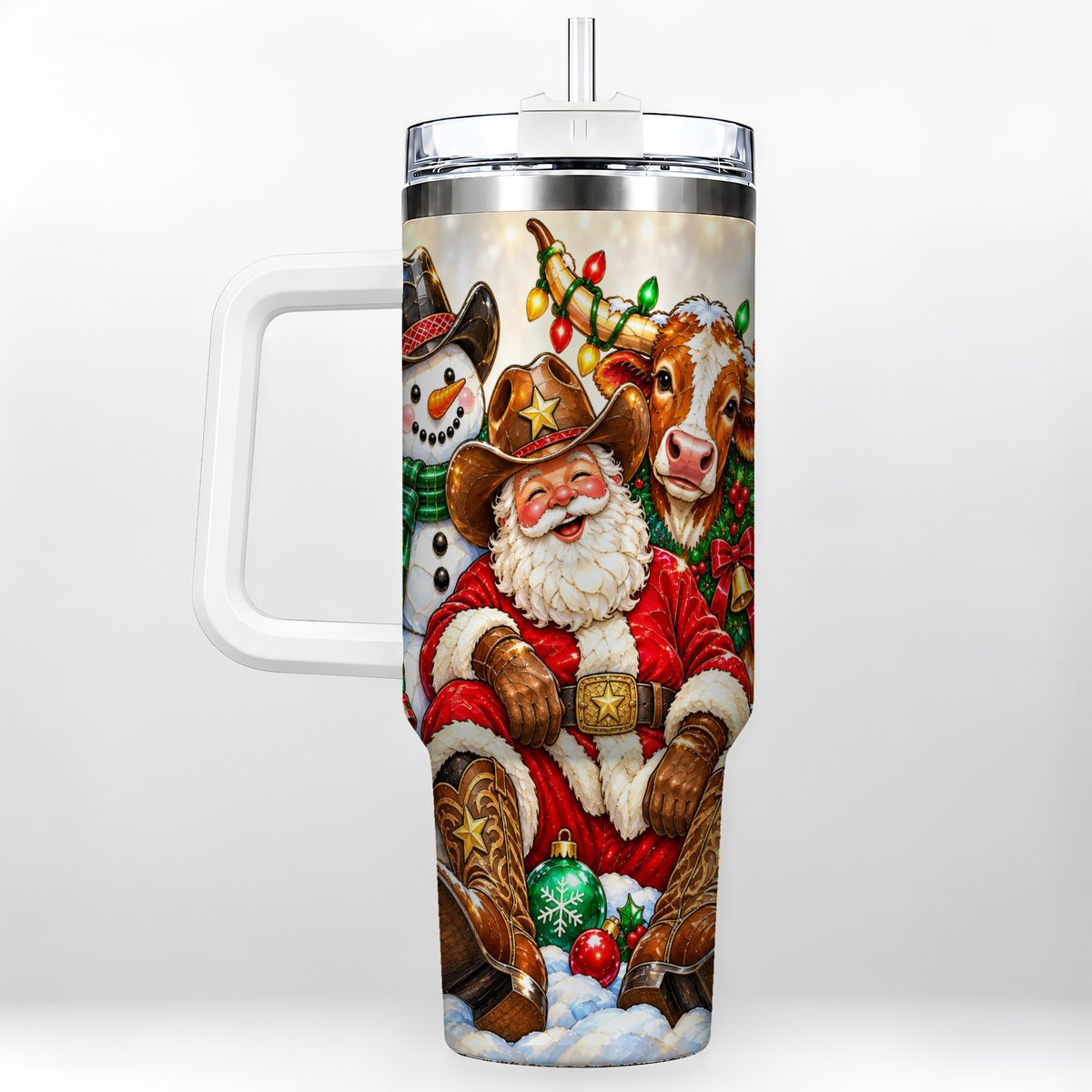 Cowboy Santa 40oz Tumbler with Handle, Western Christmas Ranch Artwork