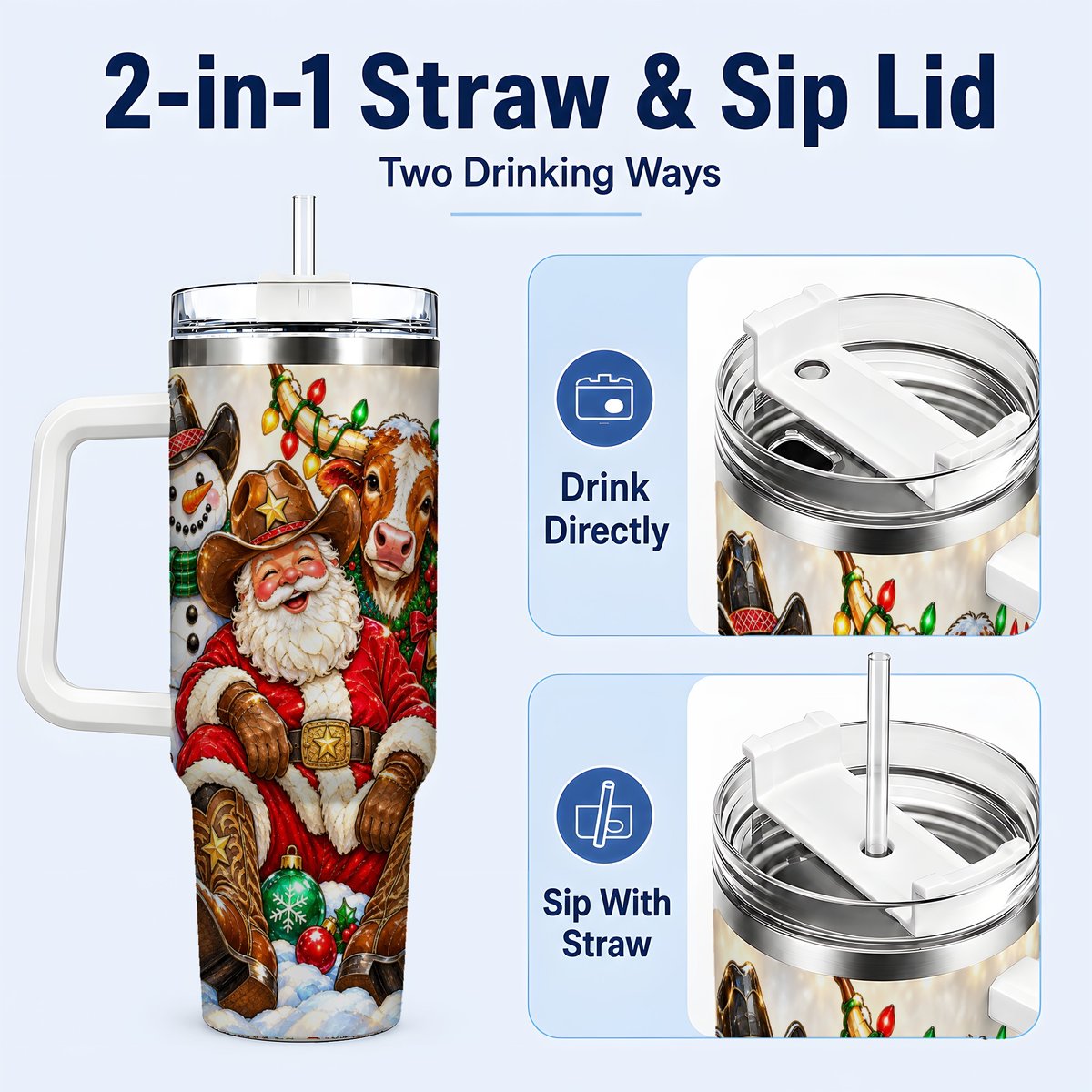 #pl[40oz|White] Cowboy Santa 40oz Tumbler with Handle, Western Christmas Ranch Artwork