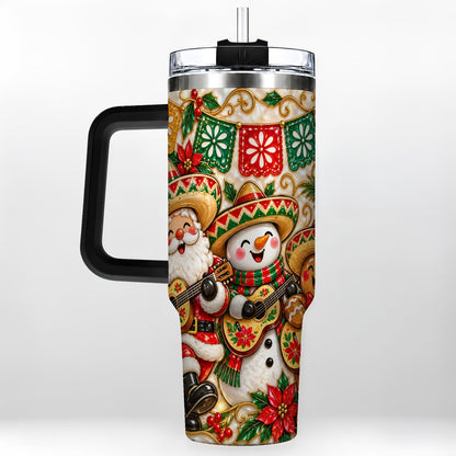 #pl[40oz|Black] Mexican Christmas 40oz Tumbler with Handle, Festive Guitar Holiday Art