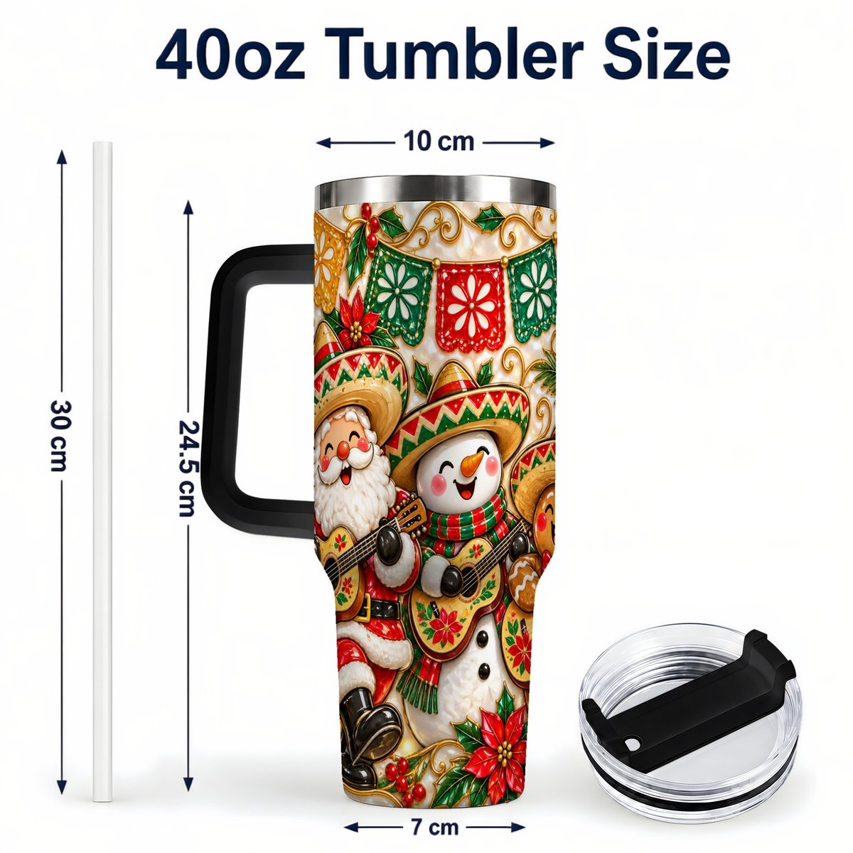 #pl[40oz|Black] Mexican Christmas 40oz Tumbler with Handle, Festive Guitar Holiday Art