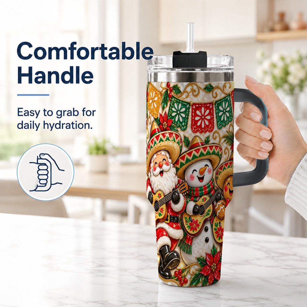 #pl[40oz|Black] Mexican Christmas 40oz Tumbler with Handle, Festive Guitar Holiday Art